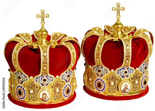 Two Orthodox Wedding Ceremonial Crowns Ready for Ceremony photo