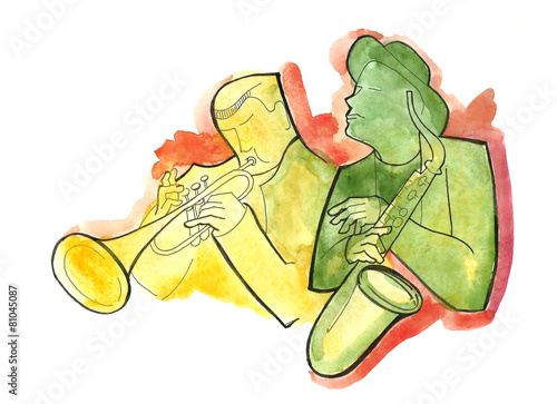 Canvas Print Two jazz musicians play music with saxophone and trumpet