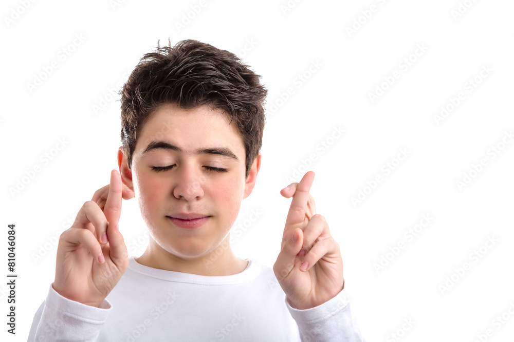 Crossed fingers as lucky gesture by Latin young mooth-skinned bo Crossed fingers as lucky gesture by Latin young mooth-skinned bo