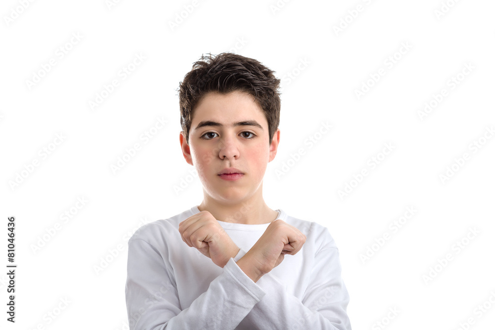 Crossing fists gesture by Caucasian Smooth-skinned boy Crossing fists gesture by Caucasian Smooth-skinned boy