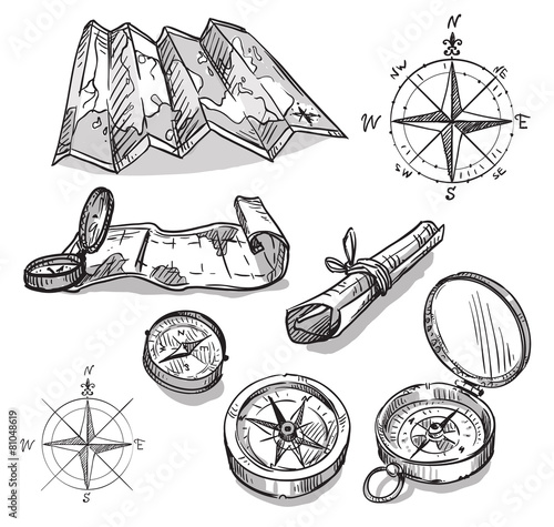 Set of hand drawn compasses and maps