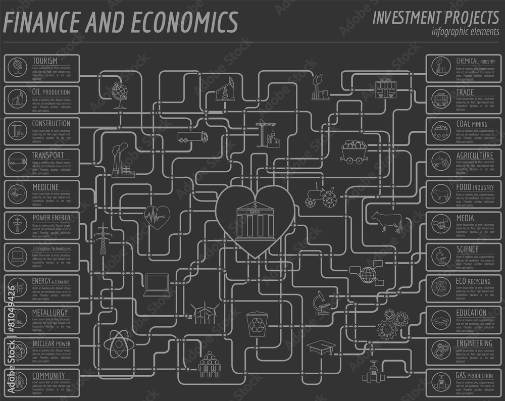 Economics and finance infographic. Investment projects. Banks. E