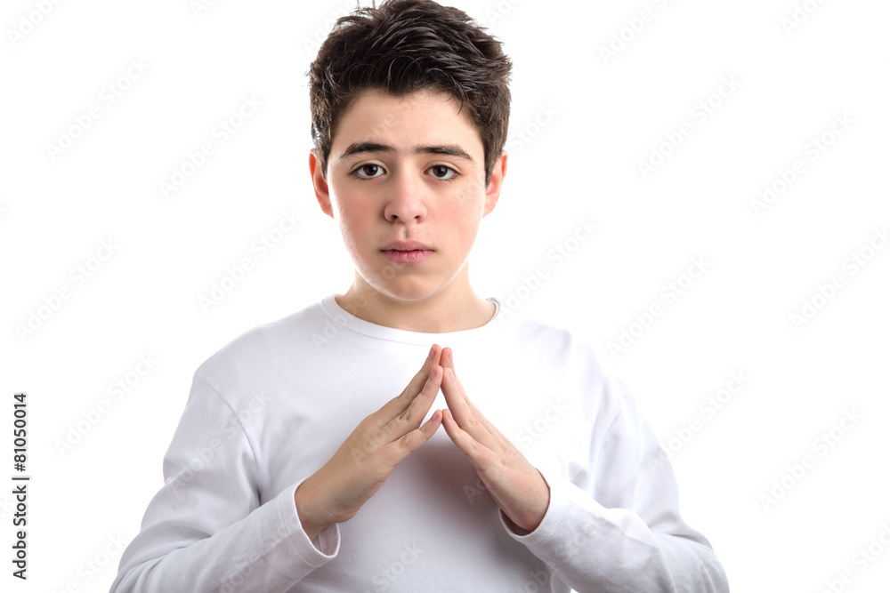 Hand steeple gesture by Hispanic smooth-skinned teen Hand steeple gesture by Hispanic smooth-skinned teen