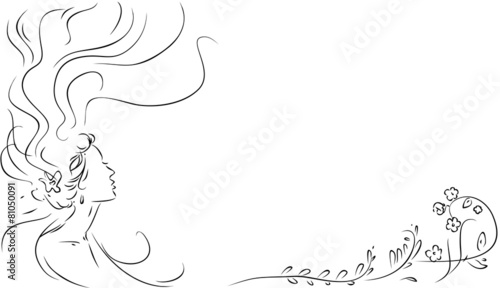 Sketch of girl with long hair and flowers
