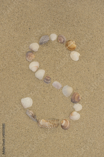 Buchstabe S aus Muscheln im Sand