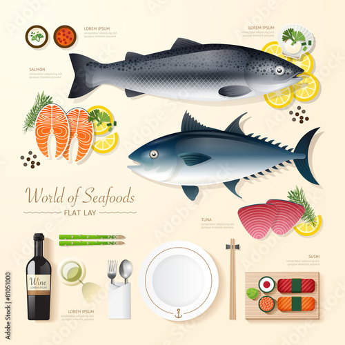 Infographic food business seafood flat lay idea. fish,tuna,salmo