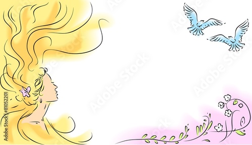 Sketch of girl with long hair and flying birds