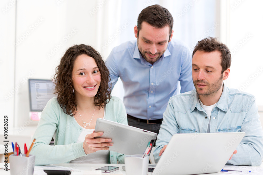 Fototapeta premium Two interns working together assisted by their course supervisor