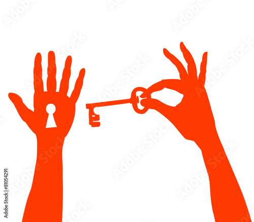 Two vector hands with key and keyhole, concept