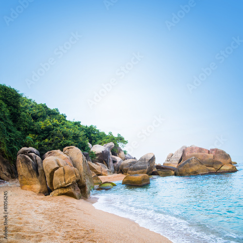 Palm trees, bay, stones and sea. Thailand.