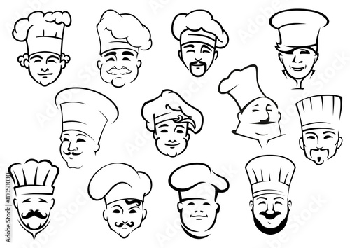 Multiethnic sketches of chefs characters in toques