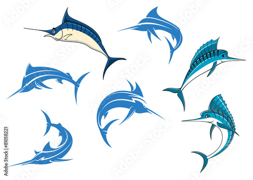 Blue marlins or swordfishes cartoon characters