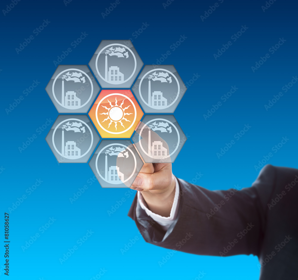 Business Hand Activating Solar Power Icon On Blue Business Hand Activating Solar Power Icon On Blue