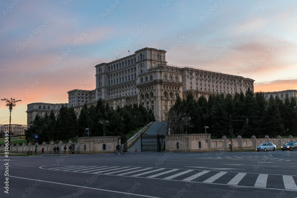 Parliament Palace in Bucharest at sunset