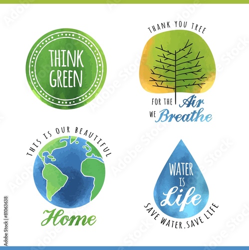 set of watercolor environmental labels