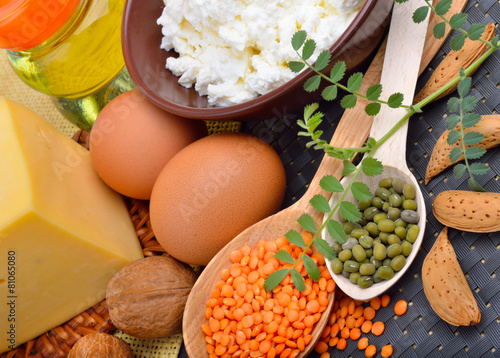Fotografie Protein food : eggs, almonds, lentils, cheese, walnut, and curd