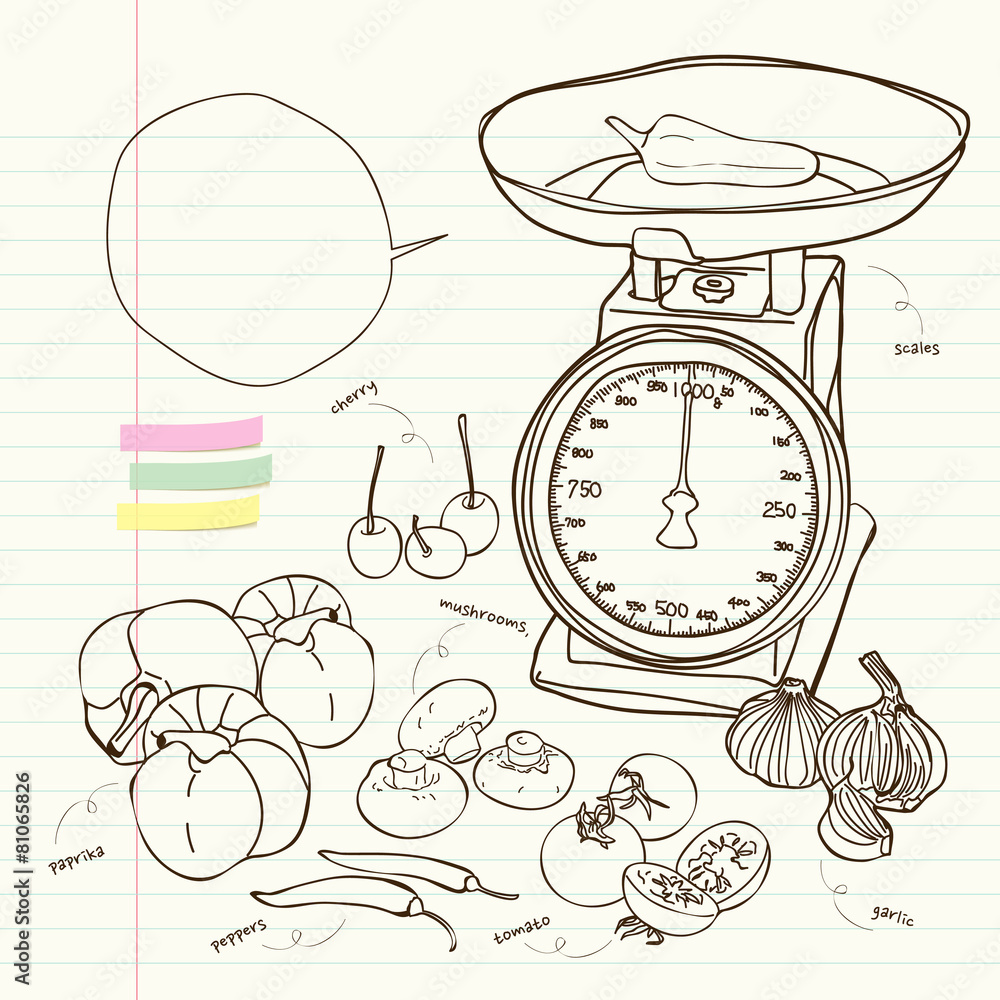 Naklejka premium kitchen scale and vegetables