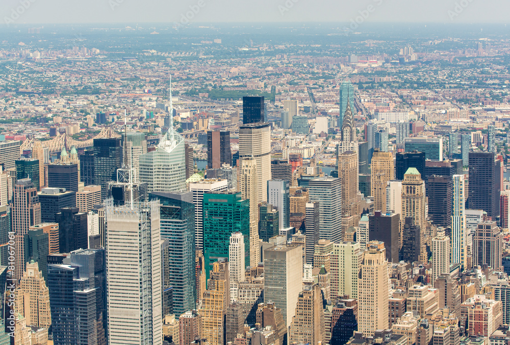 Stunning aerial skyline of Midtown Manhattan on a sunny day, New
