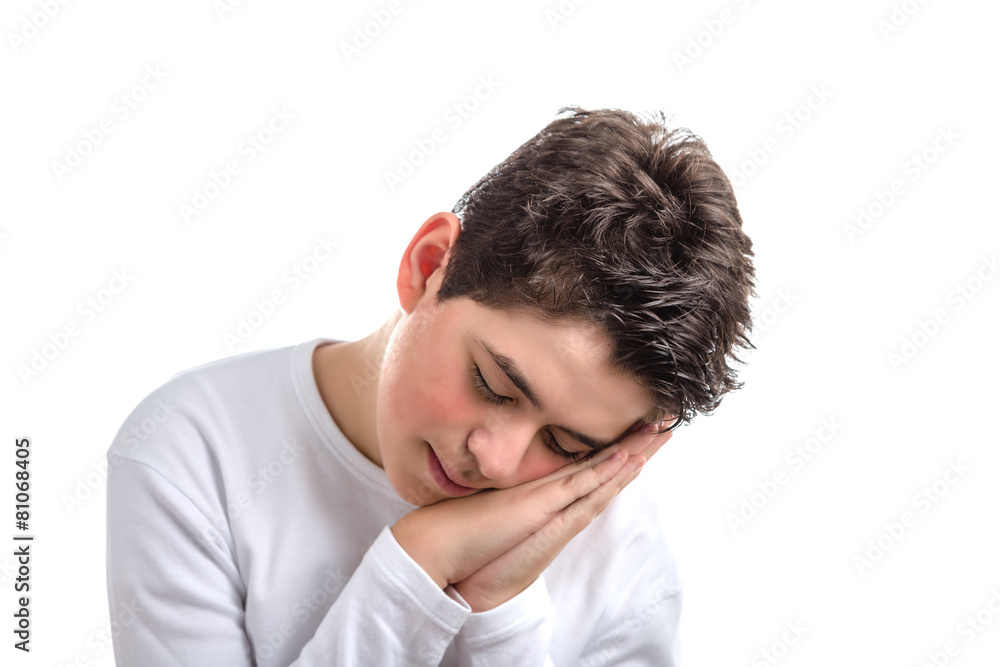 Sleeping gesture by Caucasian smooth-skinned boy with acne-prone Sleeping gesture by Caucasian smooth-skinned boy with acne-prone