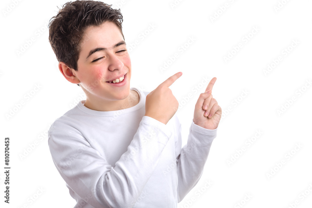 smooth-skinned Caucasian boy double pointing up to his left with smooth-skinned Caucasian boy double pointing up to his left with