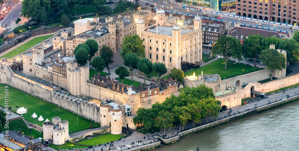 The Tower of London at dusk, aerial view