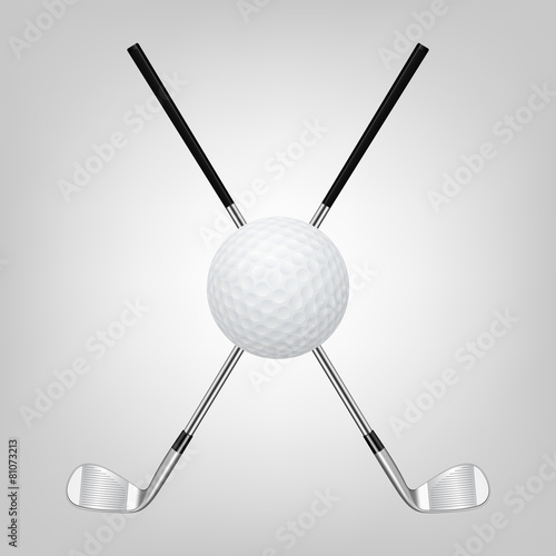 Golf ball and two crossed golf clubs