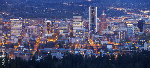 Portland Oregon city lights and buildings panorama.