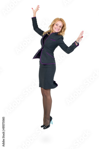 Successful young business woman jumping. Isolated full body on