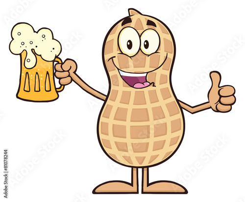 Happy Peanut Cartoon Character Holding A Beer And Thumb Up