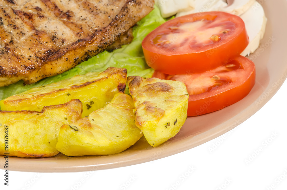 Grilled meat dish on white