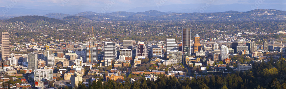 Portland Oregon city panorama at sunset.