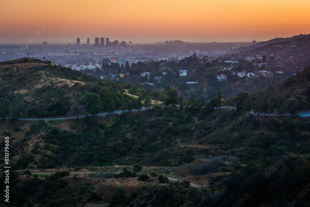 View of Hollywood and hills in Griffith Park at sunset, from Gri