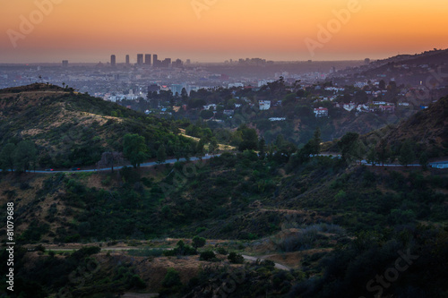 View of Hollywood and hills in Griffith Park at sunset, from Gri