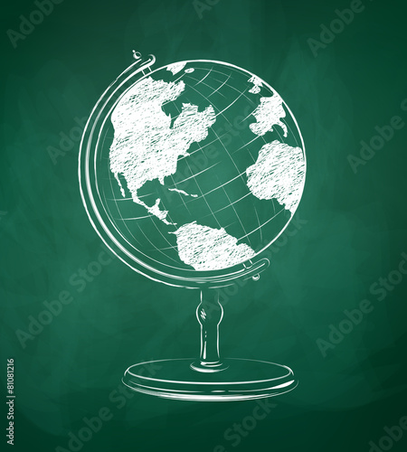 Globe drawn on green chalkboard.