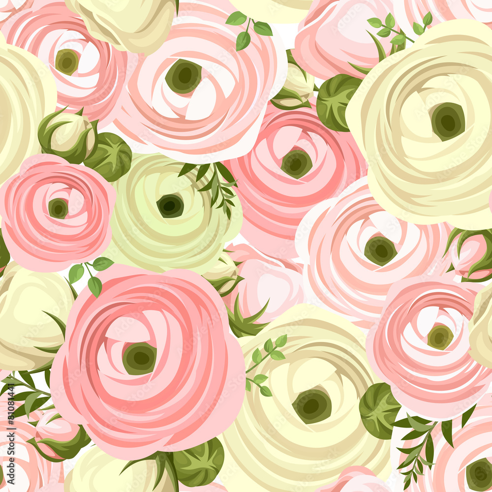 Fototapeta Bezszwowy wzór z różowymi i białymi ranunculus kwiatami.
