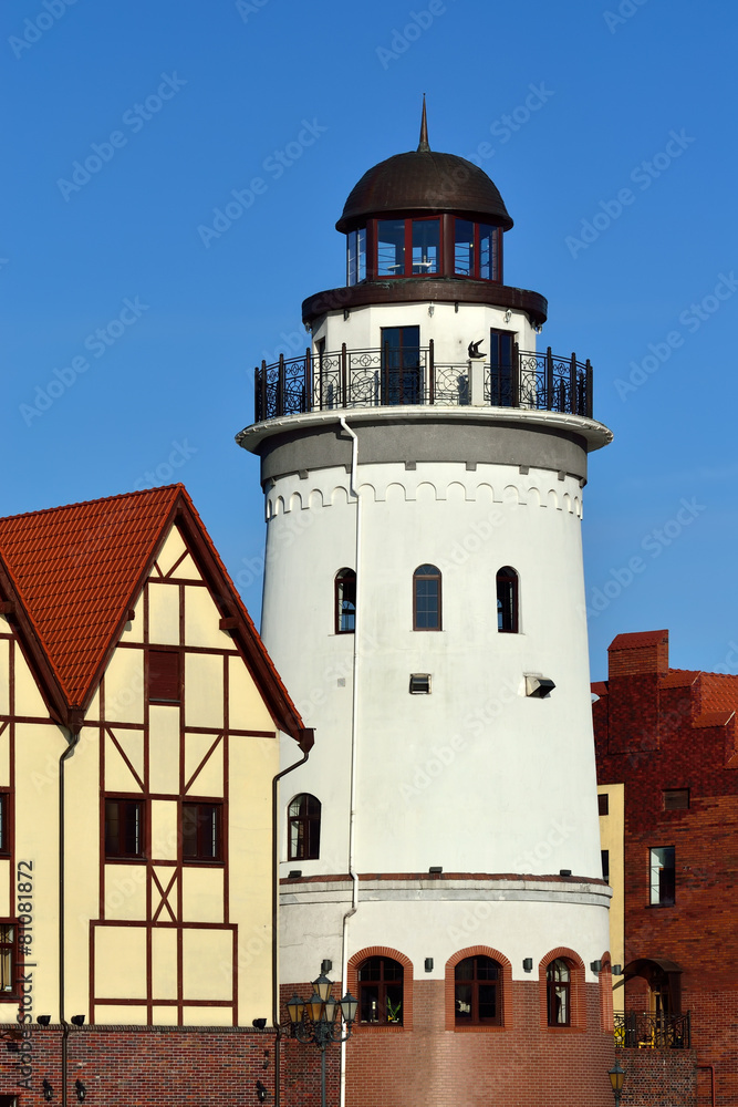 Lighthouse in Fishing village. Kaliningrad, Russia