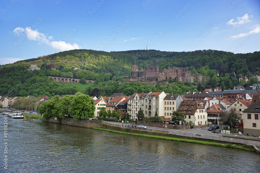 Quay and barge in the river in summer Heidelberg