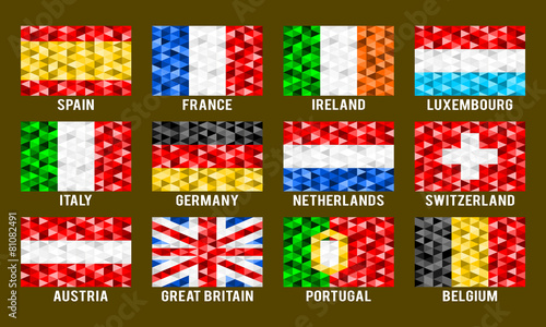 Western Europe low poly flags vector illustration