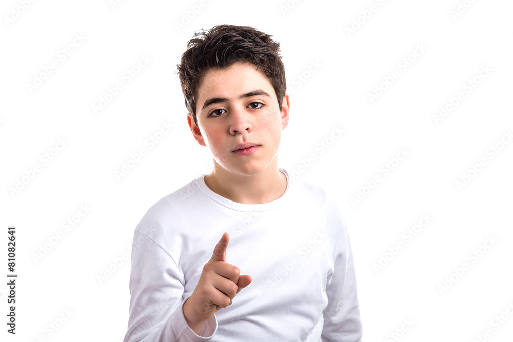 smooth-skinned Caucasian boy pointing with right index finger smooth-skinned Caucasian boy pointing with right index finger