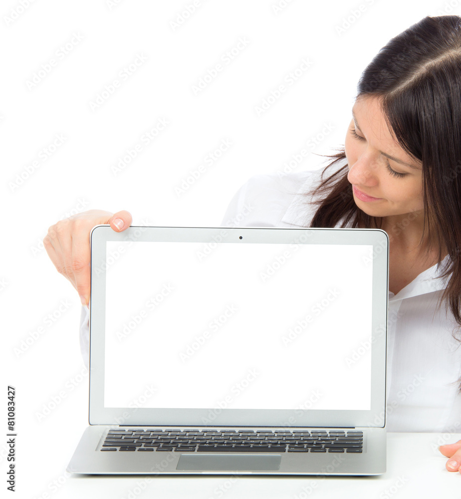 woman with new modern popular laptop keyboard with blank white s woman with new modern popular laptop keyboard with blank white s