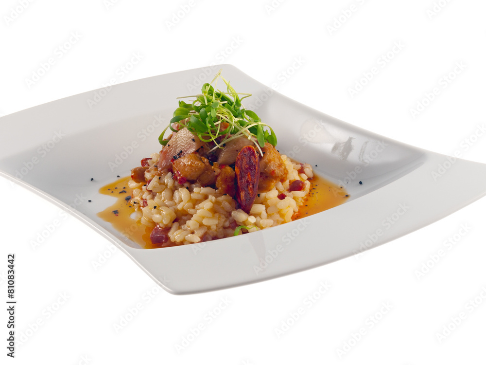 fried rabbit with spicy red sauce, risotto & chorizo fried rabbit with spicy red sauce, risotto & chorizo