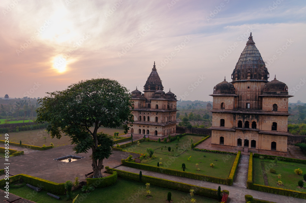 Group of Cenotaphs in Orchha at sunset