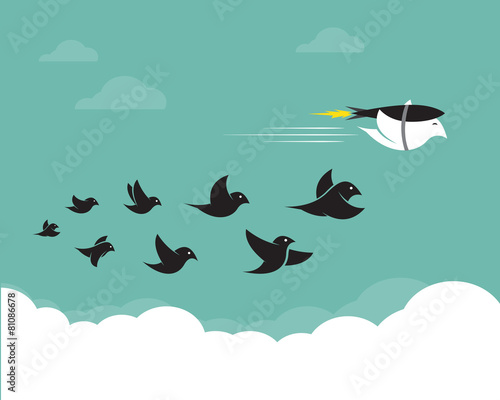 Vector images of birds and rockets in the sky.