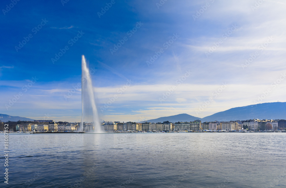 Geneva water jet above Leman lake, Switzerland