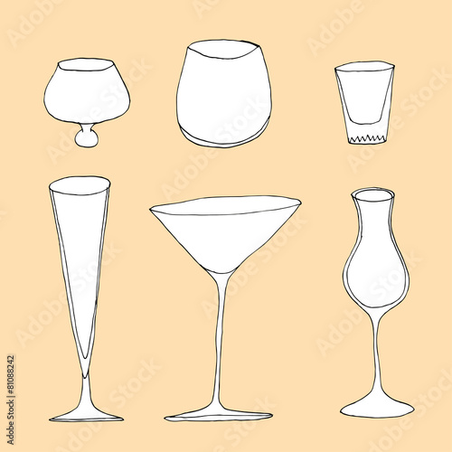 Set of different glass , hand drawn illustration in sketch style