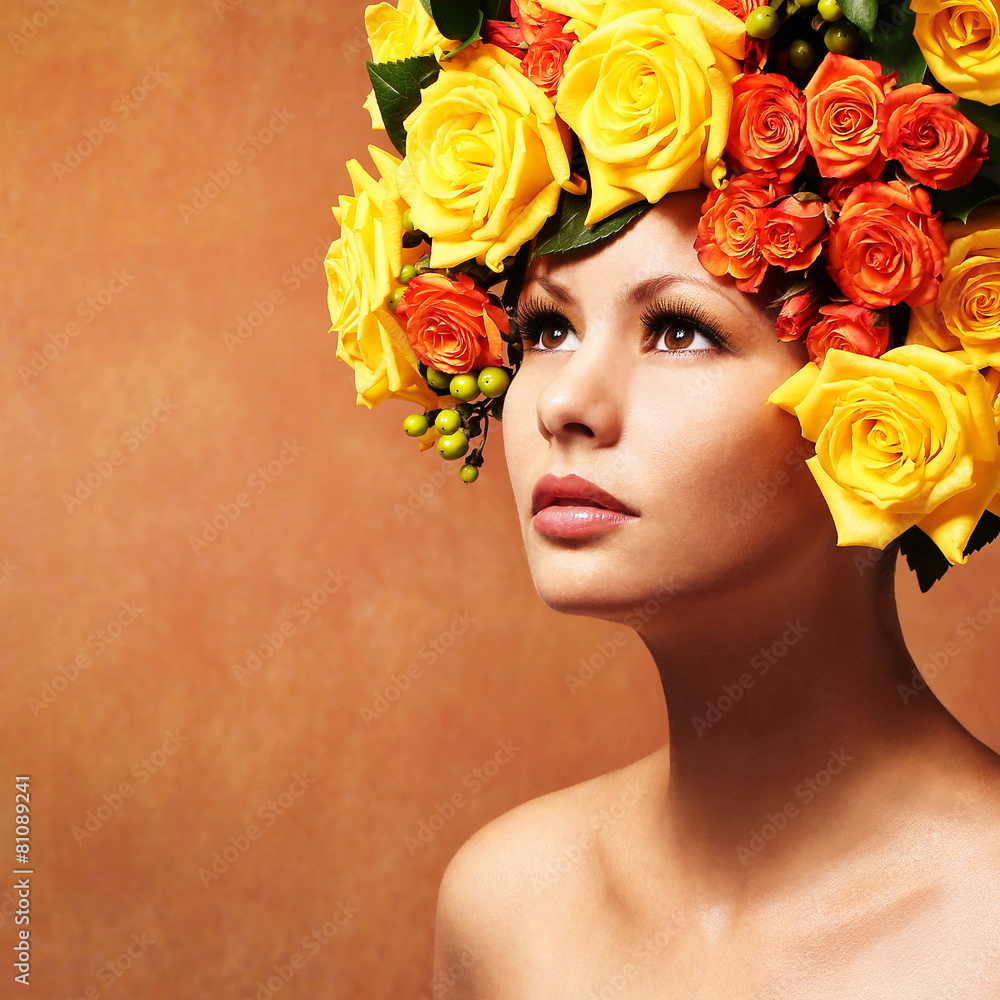 Woman with Yellow Roses. Model Girl with Flowers Hair. Fashion