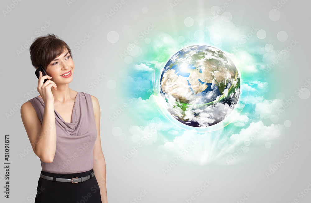 Young woman with earth and cloud concept Young woman with earth and cloud concept