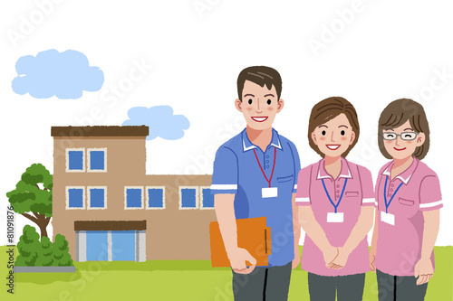 福祉士 福祉施設 Smiling caregivers with nursing facility