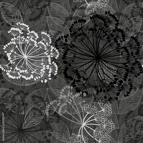 Monochrome seamless pattern of abstract flowers. Hand-drawn flor