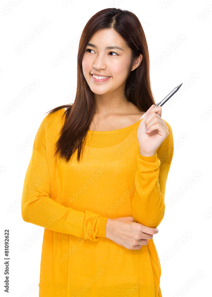 Pretty asian woman thinking with holding a pen Pretty asian woman thinking with holding a pen